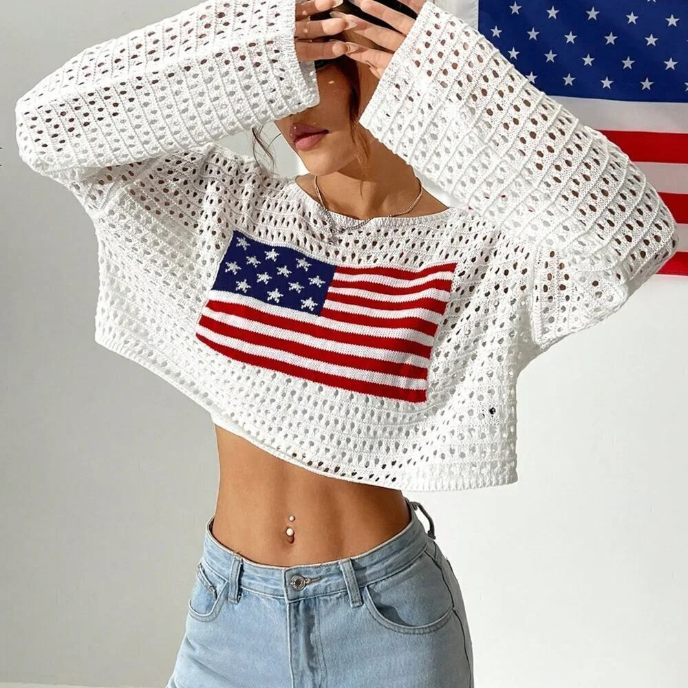 White Casual Women's Hollow Out Sweater With Flag Print Round Neck - Picture 4 of 7